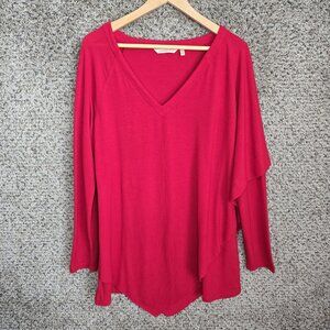 Soft Surroundings Top Womens Medium Red V Neck Tunic Knit Polyester Blend Ladies